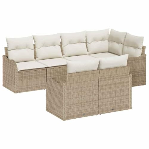 vidaXL Garten-Sofa-Set mit Kissen 7 pcs Beige Poly Rattan, Garten- und Terrassenmöbel, modulares Sofaset, verstellbare Füße, wetterfester Lounge, für 7 Personen