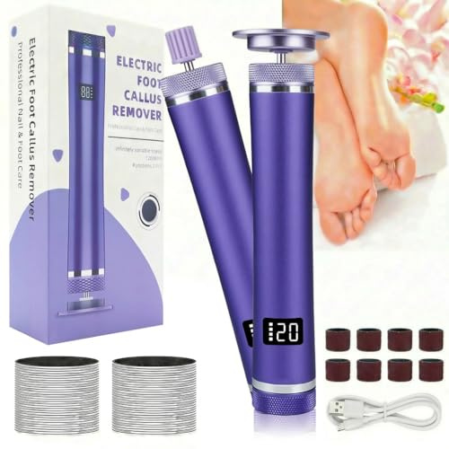 2 in 1 Elektrischer Hornhautentferner, 12 Geschwindigkeiten Electric Callus Remover mit LED-Anzeige, 60 Austauschbaren Fußfeilen,10 Sandkreise,2000mAh Wiederaufladbare für Füße Fersen Hornhaut, Lila
