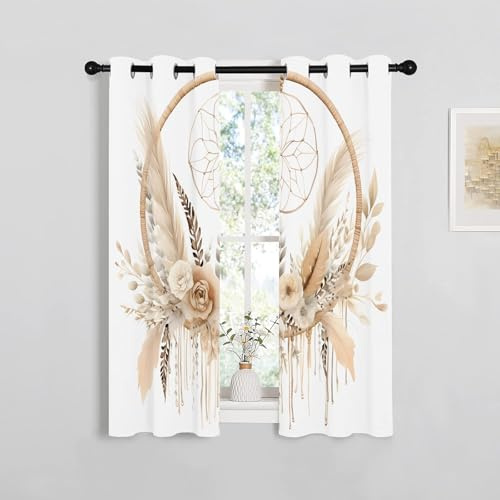 Rideau Occultant Motif Fleurs Brunes, Rideaux Blanc Marron 2 Pièces L 100 x H 120, Thermique Anti UV Tenture Opaque à Oeillets Bohême Decoration Chambre Maison Salon Intérieurs, A105