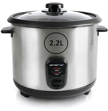 EMERIO automatischer Eco Reiskocher | groß | 2.2L Volumen | Warmhaltefunktion | Antihaftbeschichtung | Glasdeckel | inkl. Reislöffel + Messbecher | Schongarer | 900 Watt | Edelstahl | RCE-132390