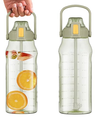 Upgrade Clear Water Bottle With long straw,Motivational Water Bottles with Time Marker to Drink, Leak-Proof Tritan BPA-Free, Wide Mouth with Carrying Strap (green, 1500ML)