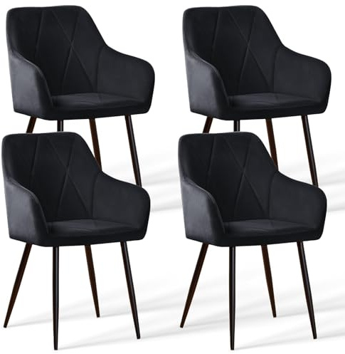 AINPECCA Esszimmerstühle 4er Set Küchenstuhl Samt Bezug Wohnzimmerstuhl mit Armlehnen, Rautenmuster, gepolsterte Sitzfläche, Metallgestell, für Esszimmer/Wohnzimmer (4, schwarz)