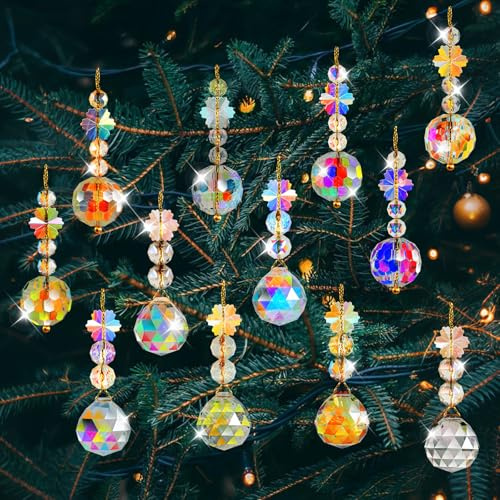 STEEIRO 12PCS 22mm Christmas Tree Crystal Ball Ornaments, Rainbow Christmas Prism Crystal Glass Balls Xmas Baubles for Xmas Tree Hanging Decorations Suncatcher Wedding Party