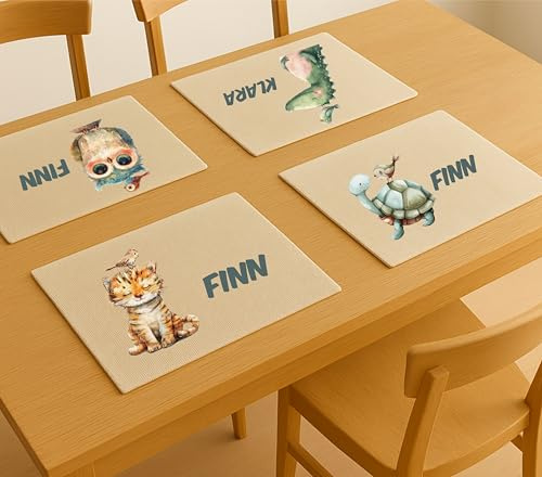 Tischset Kinder personalisiert mit bunten Tiermotiven – Pinguin, Panda, Tiger, Eule, Zebra, Frosch, Schildkröte | Platzdeckchen mit Namen | Platzset waschbar & abwaschbar