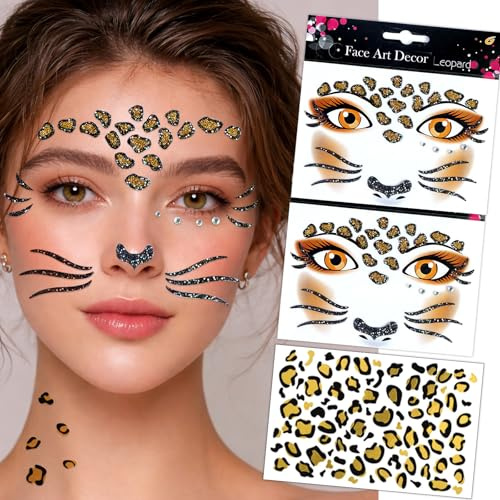 3 Stück Leoparden Tattoo Gesicht, Glitzer Gesichtstattoo Karneval, Leopard Schminke Face Sticker für Leoparden Kostüm Damen & Kinder, Karneval, Fasching, Motto Party