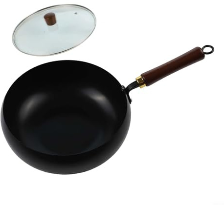 BEAZOOM Padella in ferro forgiata a mano in metallo non rivestito con pareti spesse per una maggiore ritenzione del calore e una facile manutenzione (pentola da 28 cm + coperchio in vetro L)