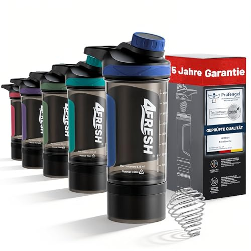 4FRESH Protein Shaker Flasche 500ml aus Tritan - BPA-Frei mit Skala & Magnetverschluss, Premium Eiweißshaker mit Spiralmixer & Aufbewahrungsbox für Pulver & Kapseln, Ideal für Fitness & Gym