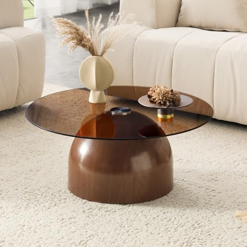 Piaenon Mesa de centro redonda de 70 cm, mesa de cristal con cristal de seguridad y marco de acero al carbono, mesa de sofá moderna para sala de estar, salón, oficina y cafetería (nogal, A)