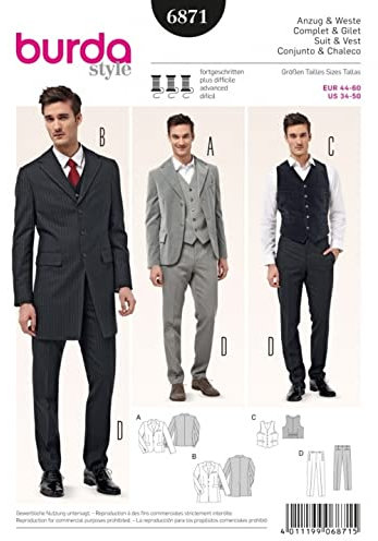 Burda Mens Sewing Pattern 6871 - Suit Jackets, Waistcoat & Trousers