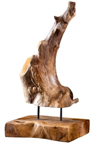 Ornament FLAME 20cm - natur - Teakholz handgefertigtes Unikat Strandfeeling | Montiert, Statement Piece, rustikaler Standfuß, Natur-Flair, abstrakte Flammenform, massive Ausführung
