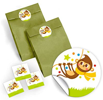 12 Party-Tüten mit 12 Aufkleber Affe für Geschenke Mitgebseln beim Kindergeburtstag/Hochzeit/Geburtstag/Taufe/Kommunion/Konfirmation/Kinderfest/Papier-Tüten für Geschenkverpackung