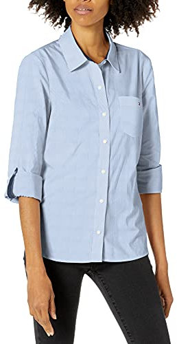 Tommy Hilfiger Button Down Long Sleeve Collared Shirt with Chest Pocket Chemise à Bouton Bas, Rayures Bleues Cornell, XL Femme