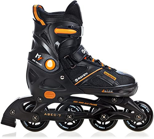 Raven Pulse Inline Skates Inliner für Kinder und Erwachsene OPTIONAL 2in1 mit Schlittschuhen verstellbar (Black/Orange ohne Kufen, 37-40 (23,5-26cm))