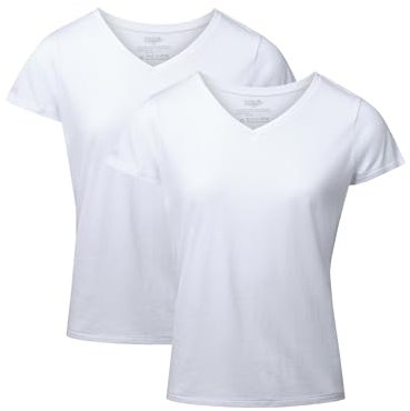DANISH ENDURANCE Camisetas de Algodón Orgánico para Mujer, Cuello Redondo o Cuello en V, Manga Corta, 2-Pack, Cuello en Pico - Blanco, L