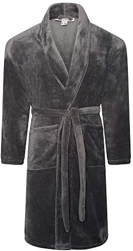 Adore Home Mens Soft Warm Flannel Fleece Bathrobe Mens Dressing Gown Shawl Collar, Charcoal, L-XL