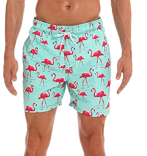 HLVEXH Pantaloncini da Spiaggia hawaiani da Uomo Asciugatura Veloce Costumi da Bagno con Fodera in Rete Fenicottero Rosa Verde 3XL