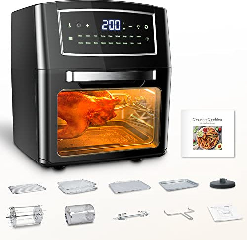 Heißluftfritteuse, 12 l, ölfrei, Air Fryer mit 18 Programmen, Keep Warm Funktion, LED Touchscreen, Temperatureinstellbar, BPA-frei, 100 Rezepte Papier, Schwarz