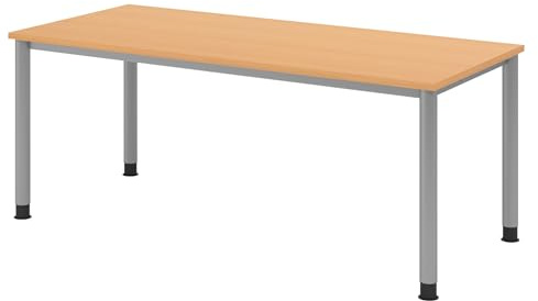 bümö höhenverstellbarer Schreibtisch H-Serie 180x80 cm in Buche, Gestell in Silber - großer PC Tisch für's Büro manuell höhenverstellbar, Computertisch verstellbar