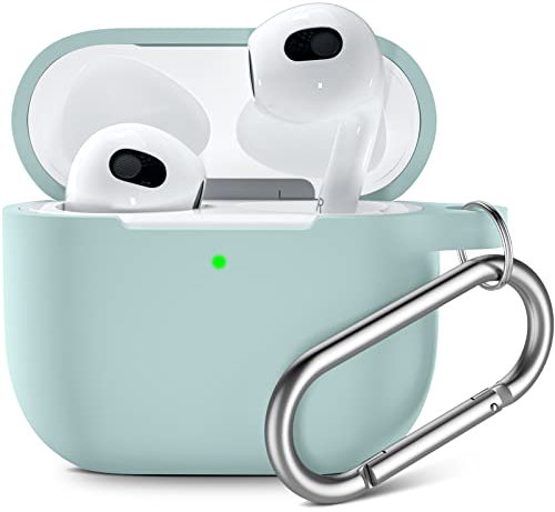 Upeak Compatible with AirPods 3rd Generation Case 2021, Fully Wrapped Silicone Protective Case Cover Shock Absorption for Apple AirPods 3 Case, With Keychain, Blue Green