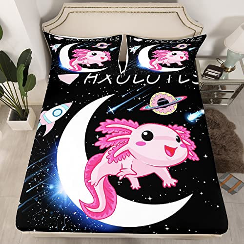Cartoon Axolotl Bettwäsche Set Kawaii Axolotl Galaxy Moon Bettwäsche Laken 3D Tiere Spannbettlaken für Jungen Mädchen Kinder Teens Salamander Schwarz Spannbettlaken Einzelbett