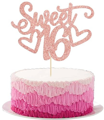 Gyufise 1Pc Sweet Teenager 16 Cake Topper Glitter 16th Birthday Cake Pick for Cheers to 16 Years Old 16th Birthday Party Cake Decorations Supplies Rose Gold