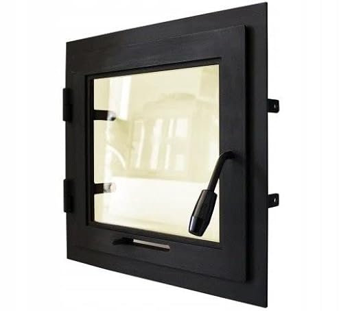 Puerta horno 100 x 60 cm, puerta chimenea con cristal para horno pizzero, hierro fundido. Sentido de apertura: a la derecha | El mango está a la izquierda. Con un collar.