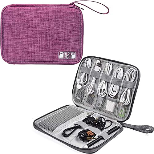 ACOPTON Small Electronic Accessories Organizer, Universal Compact Travel Digital Accessories Storage Bag for Portable Charger, Cables, Earphone, Cord, SD Card, Phone (Purple)