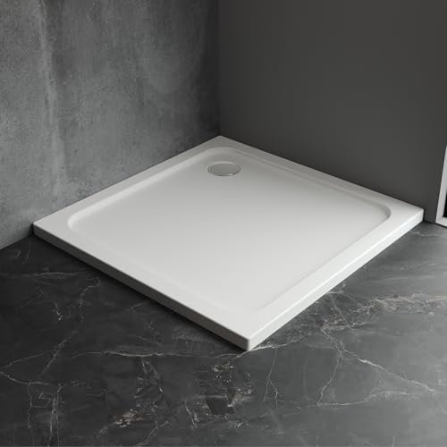 Duschwanne 90 x 90 cm Duschtasse Super Flach für Dusch Duschkabine in Weiß Quadratisch aus Sanitäracryl, Duschwanne Komplett inkl. Ablaufgarnitur