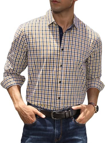 Elegancity Men’s Business Formal Dress Shirt Plaid Checked Cotton Long Sleeve Button Down Regular-Fit Shirts S-XXL (Khaki, Medium)