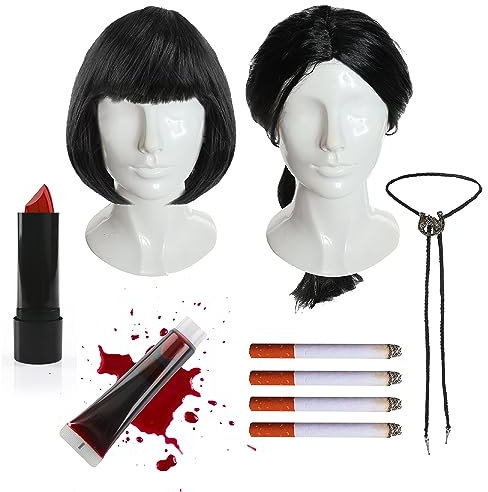 Erwachsene Paare Vincent und Mia Zubehör Set - Lange Schwarze Perücke, Bootlace Krawatte, Schwarze Bob Perücke, Roter Lippenstift, Fake Blood, 4 Fake Zigaretten - Herren Damen Paare TV Film Fasching