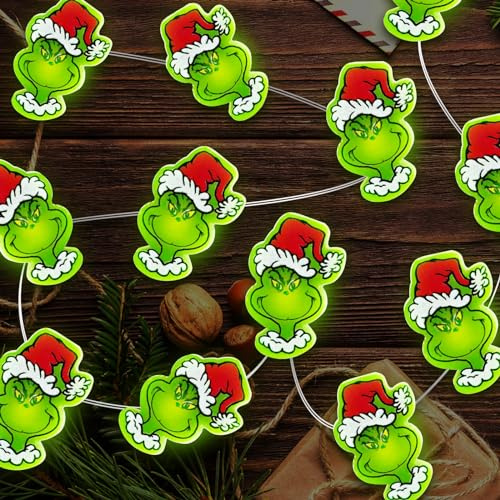 CRCZK 15FT 40 LED Christmas Decoration Grinch Lights, Battery Operated Copper Wire Fairy Tale String Green Lights Indoor Home Party Tab