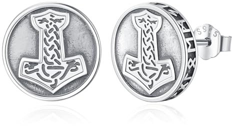 Eusense Wikinger Ohrstecker Herren aus 925 Silber, Thors Hammer Ohrringe Viking Rune Ohrstecker Nordischer Schmuck für Männer und Frauen