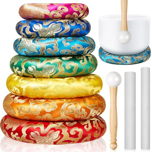 Fiada 10 Pcs Singing Bowl Cushion Set 7 Silk Cloth O Ring with 3 Crystal Singing Bowl Mallet Include Solid and Hollow Stick Wood Handle Rubber Mallet for 6-12 Tibetan Sound Meditation(Rainbow)