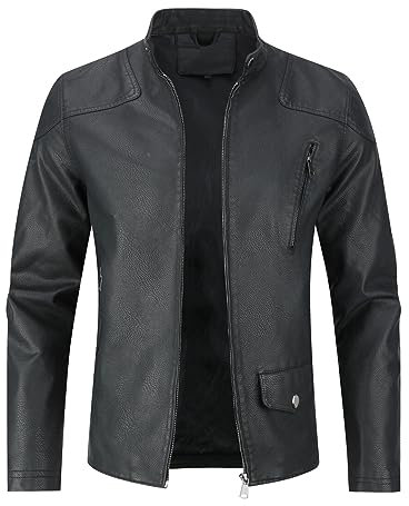 Allthemen Blouson Homme en Cuir Col Montant Bomber Moto Zippé Fermeture Eclair Casual Veste Cool Classique #07 Noir XL