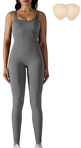 Merlvida Sport Jumpsuits für Damen Elastischer Figurformender Jumpsuit Damen Eng Nahtloser Bodysuit Bauchweg Overall Workout Body Einteiler Sportanzug