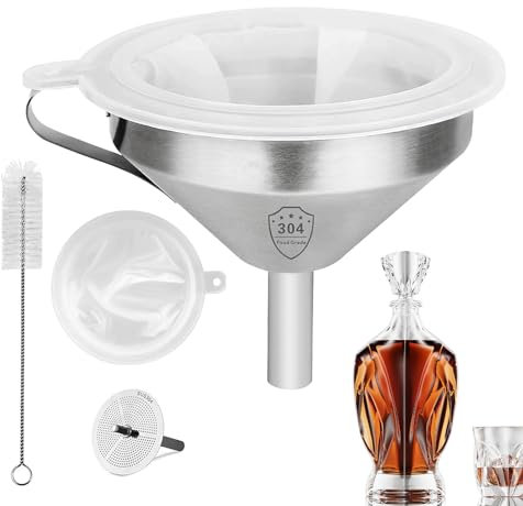 CENRF Imbuto Filtro Olio da Cucina, Set di Imbuto in Acciaio Inox - con Manico e Spazzola per la Pulizia Set di Setaccio a Maglia Fine 4 Pezzi - Colino per Grasso Alimentare Cucina