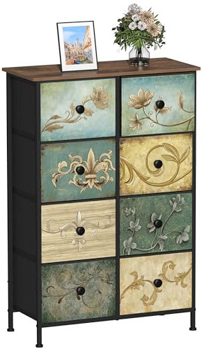 VEDECASA Chest of Drawers with 8 Drawers Narrow Tall Dresser for Bedroom Retro Floral Pattern Clothes Storage Organiser Unit for Living Room Entryway Closet Wood Board Metal Frame