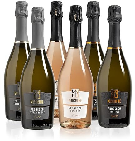 Magrine | Prosecco DOC Extra Dry, Rosé e Brut Il Mix di Gusti Perfetto Wine-Box con 2 Bottiglie per Tipo di Spumante in Totale 6 Bottiglie da 750 mL di Prosecco DOC di Treviso