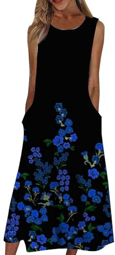 Temu Shop Kleidung Damen Langes Sommerkleid Damen Sexy Kleid Damen Erotisch 1920Er Kleider Damen Rundhals Blumen Bedruckt Freizeitkleid Ärmelloser Partykleid Kleid Rückenfrei (Dunkelblau, Xl)