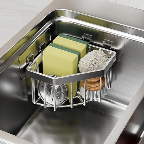 Adorila Sponge Holder for Kitchen Sink Corner, Stainless Steel Sink Caddy Organizer, Dish Cloth Hanger Sponge Holder for Bathroom
