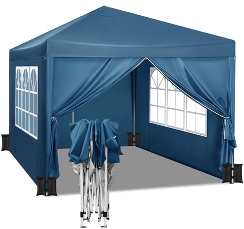 WOLTU Pavillon mit 4 Seitenteilen und 4 Sandsäcke, Faltpavillon 3x3m, Gartenpavillon wasserfest stabil UV-Schutz, Pop Up Partyzelt Outdoor, höhenverstellbar, mit Tragetasche, Blau