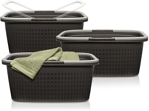 Hausfelder Wäschewanne 58x37x25cm, Wäschekorb 3er Set, stabile Wäschewannen mit Henkel (Anthrazit-Schwarz, 3 Wannen)