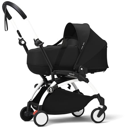 Cochecito Stokke YOYO3 con Capazo para Recién Nacido (negro) - Incluye chasis (blanco), Capazo para Recién Nacido, doble colchón, cubrepies, correa acolchada para el hombro y bolsa de almacenamiento