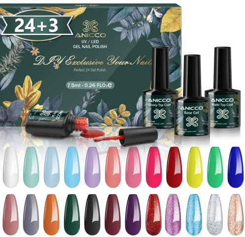 UV Nagellack Set, 27 Stück Gel Farbgel Set, Mit Unterlack & Glänzender & Matte Überlack, Für Nagel Design Geschenk