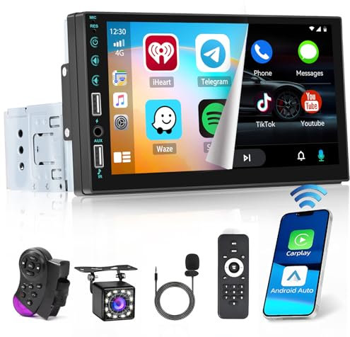 Ohradio Radio Coche 1 DIN con Pantalla de 7 Pulgadas - CarPlay Inalámbrico Android Auto Inalámbrico, Autoradio Bluetooth 1 DIN con Radio FM 2 USB Enlace Espejo+Cámara Trasera+Mic+Mando a Distancia