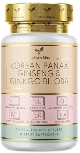 Panax Ginseng Capsules - 6000mg Korean Red Ginseng and Ginkgo Biloba - Ashwagandha 1000mg, Ginger - for Men & Women - Premium Ginseng Root Standardised 20% Ginsenosides - 30 Tablets - UK Made