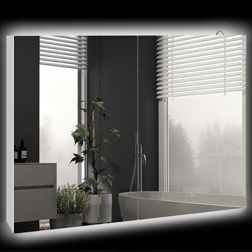kleankin Bathroom Mirror Cabinet with LED Lights, Bathroom Storage Cupboard with Adjustable Shelf, USB Powered, Wall Mounted, 90W x 15D x 70Hcm, High Gloss White