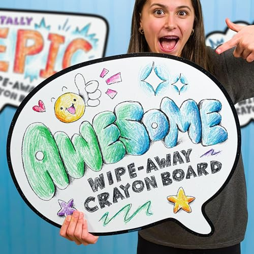 Round-ish Speech Bubble Wipe-Away Crayon Board: Wall-Mount Dry-Erase White Board Alternative with Crayons and Eraser. Reusable Balloon Message Board Snaps Off Wall for Easy Coloring. Made in USA.