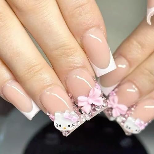 Faux Ongles Court MouyouGlow,Carré Cute Kawaii Nude Rose Blanc French 3D Kitty Carton Diamant Y2K Coquette Press on Nails avec Colle à Ongles,White Tips Sweet Fake Nails