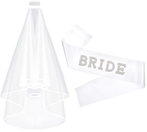 2pcs Weiße Braut Schärpe Mit Kopfschleier Bride Schärpe Mit Perlen Und Strasssteinen Brautparty-Geschenk Jga Deko Accessoires Frauen Für Den Junggesellinnenabschied Hochzeits Party Dekorationen